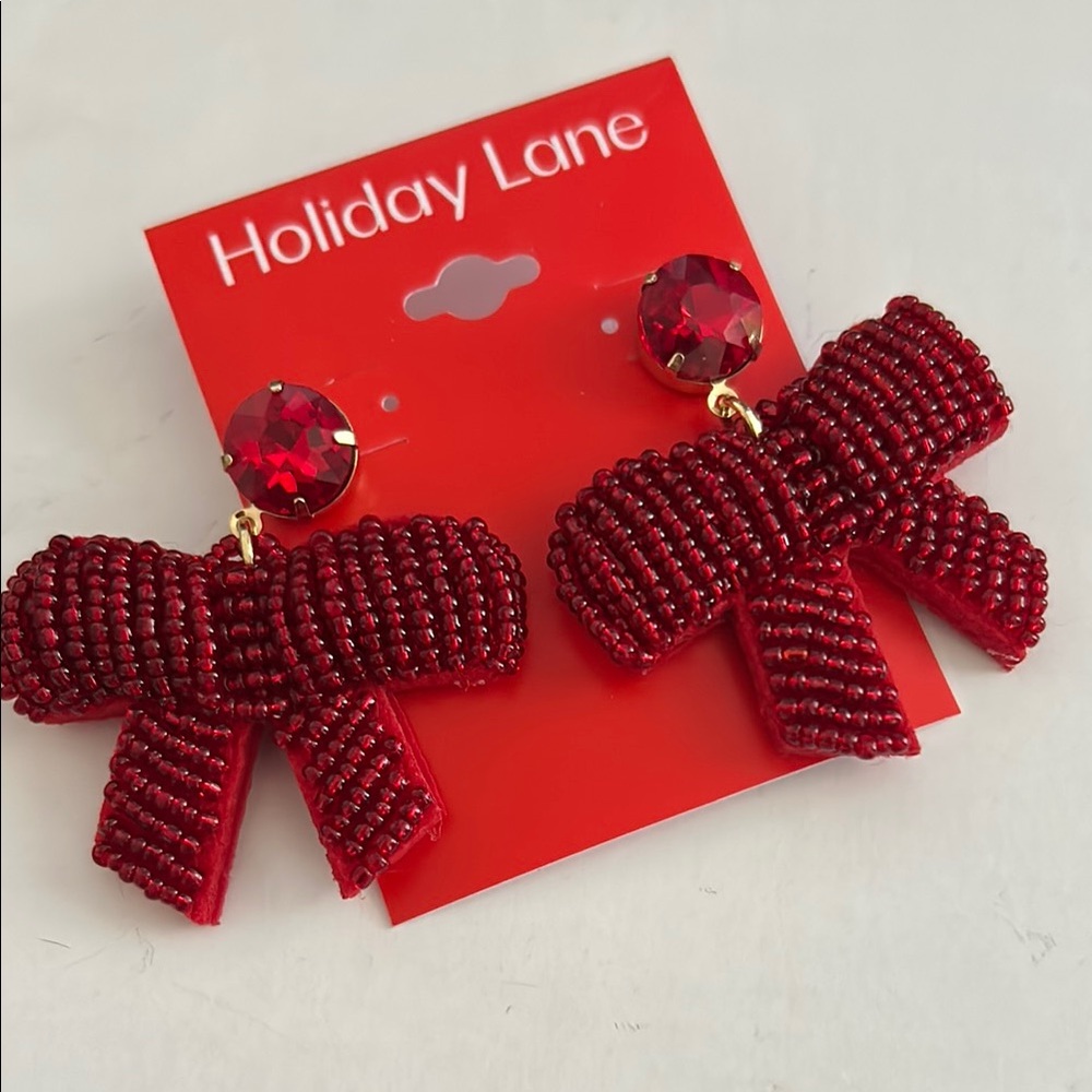 Holiday Lane Christmas Red Bow Glass Seed bead Earrings NEW